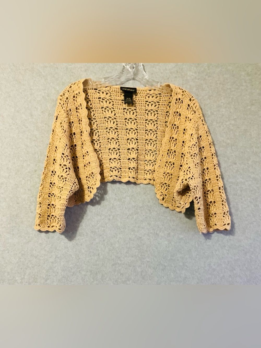 Lane Bryant Cropped Crochet Shrug - Beige Tan HALF SLEEVES sz 18/20